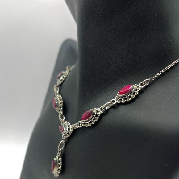 Marquise Cut Genuine Ruby Vintage 925 Sterling Silver Necklace - Picture 2 of 3